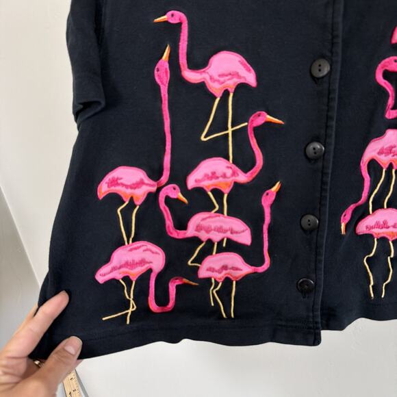 VTG Bechamel Petites Short Sleeve Black Cardigan Pink Embroidered Flamingos PM - Picture 4 of 6